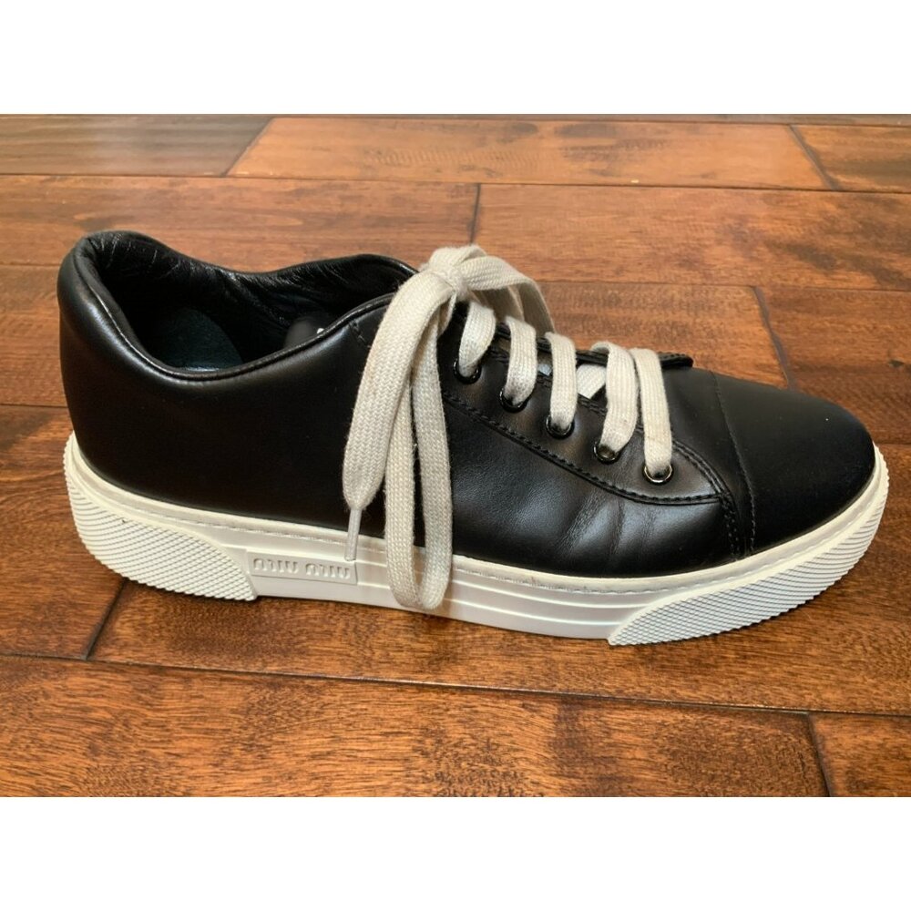 Miu Miu Black Leather Lace-Up Low Top Sneakers, Size 9.5 | 39.5